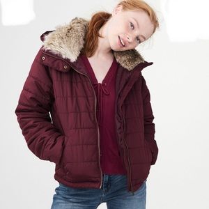 Aeropostale Solid Faux Fur-Trim Puffer Jacket Red size S !!